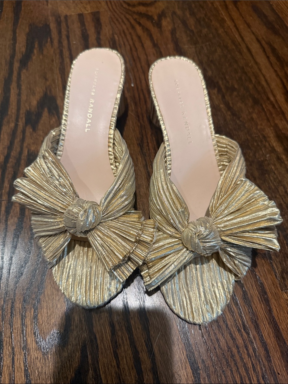 Loeffler Randall Metallic Gold Pleated Knot Slide Sandals